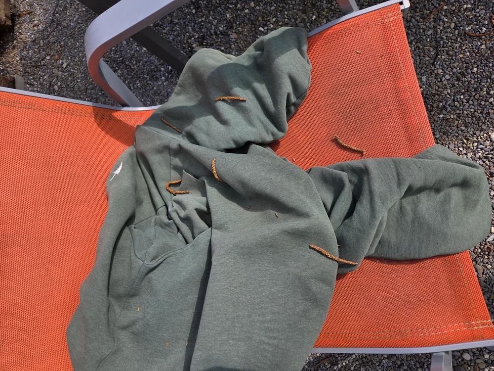 Gelber Birken-Pollen auf dem Terrassentisch vor dem KOKOMO Tiny House